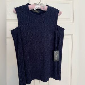 NWT Velucci Cold Shoulder Navy Blue Long Sleeve Ribbed Knit Top-Size L